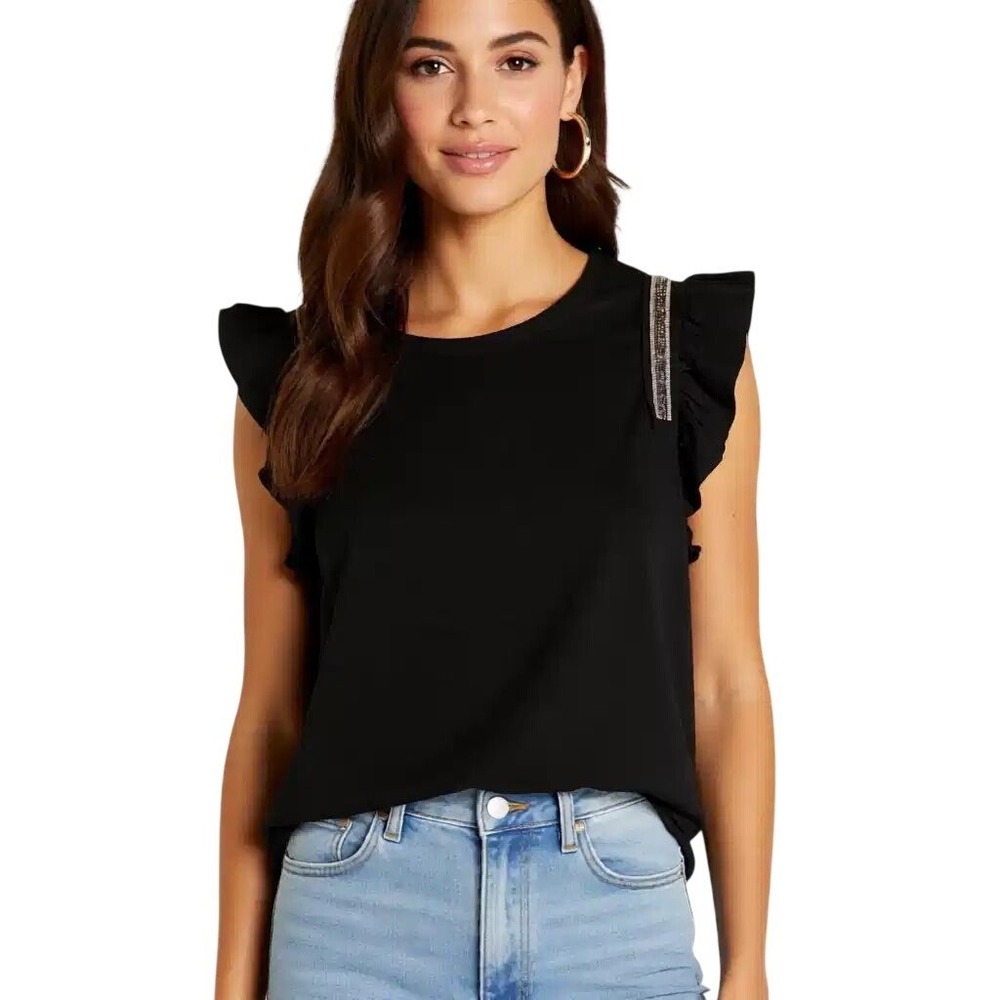 Nicole Miller New York Womens Ruffle Rhinestone Shoulder Sleeveless Top L NWT